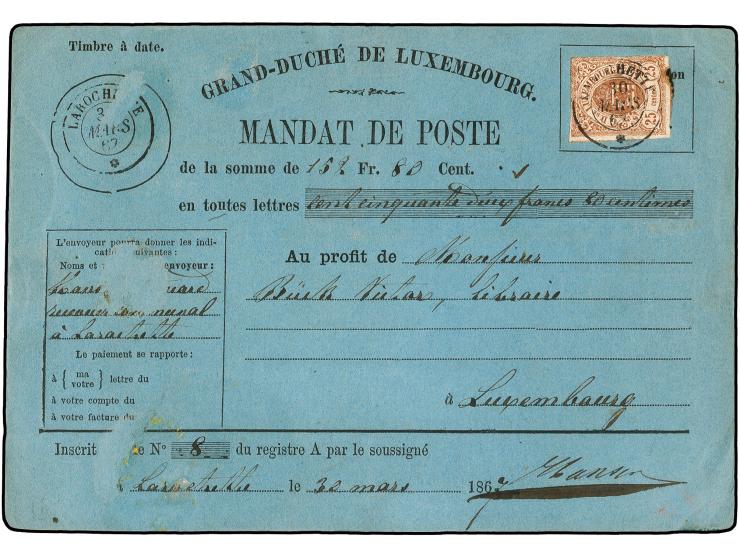 25 c. brown, partly touched, wide margins at bottom and right, tied by clear cds. "LAROCHETTE 30 MARS 67" to blue "MANDAT DE 