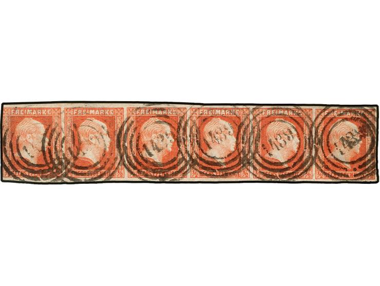 1850, 1/2 Sgr. rotorange im waagerechten 6er-Streifen, linke Marke links oben angeschnitten, sonst voll bis breitrandig, je m