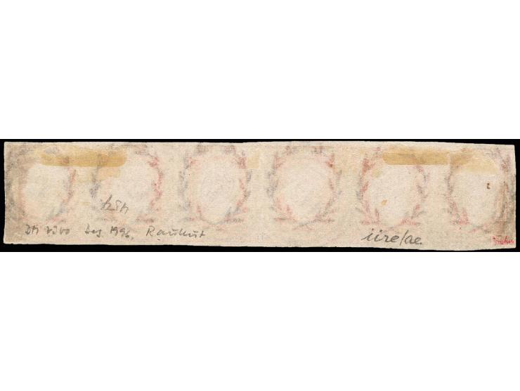 1850, 1/2 Sgr. rotorange im waagerechten 6er-Streifen, linke Marke links oben angeschnitten, sonst voll bis breitrandig, je m