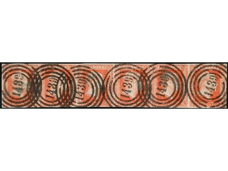 1/2 Sgr. rotorange im waagerechten 6er-Streifen, allseits voll- bis breitrandig und je klar aufgesetzter Nr. "1439", Einheit 