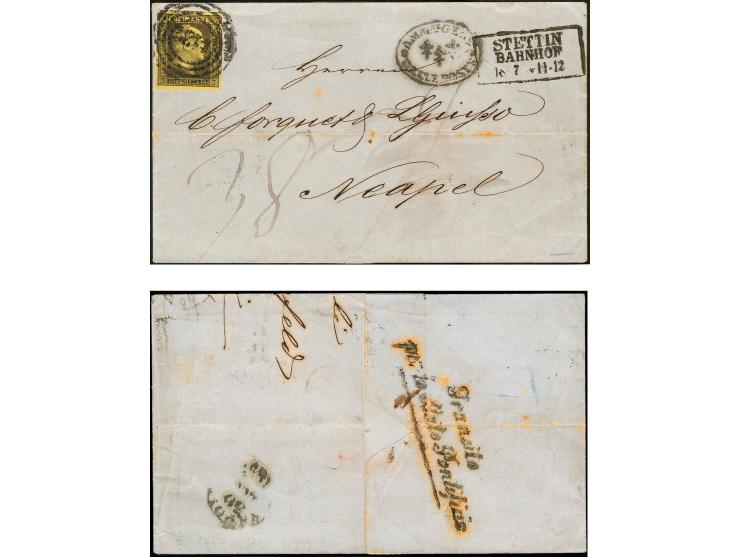 3 Sgr. schwarz auf gelb, allseits breitrandig mit etwas undeutlichem Nummernstempel "1439" auf Faltbriefhülle von "STETTIN BA