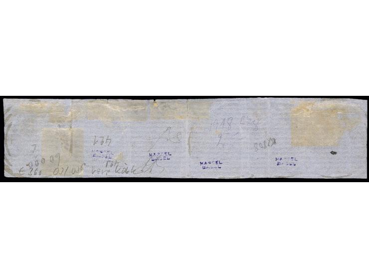 4 Pfg. dunkelgrün, 6 Einzelwerte je mit klarem Nummer "1439" als Streifen verklebt auf Briefstück, zwischen den Marken mit se