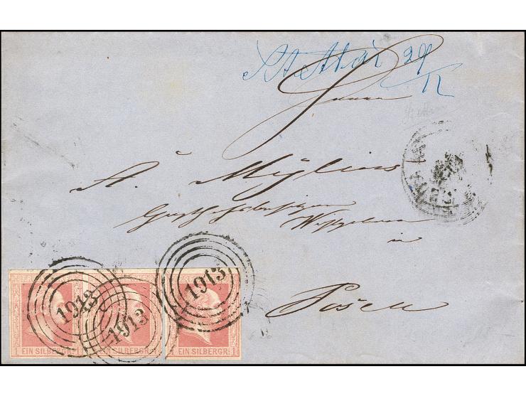 1857, Glatter Grund 1 Sgr. rosa im waagerechten Paar und Einzelwert, je voll- bis breitrandig und farbfrisch mit Nr. "1913" B