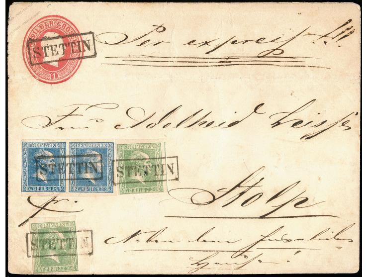 1858, Gittergrund 2 Sgr. grauultramarin im waagerechten Paar und zwei Einzelwerte 4 Pfge. grün je mit Ra1 "STETTIN" als Zufra