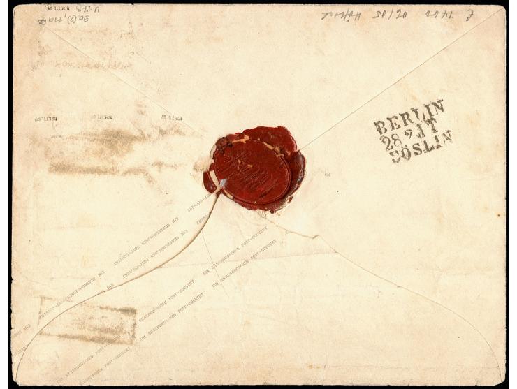 1858, Gittergrund 2 Sgr. grauultramarin im waagerechten Paar und zwei Einzelwerte 4 Pfge. grün je mit Ra1 "STETTIN" als Zufra
