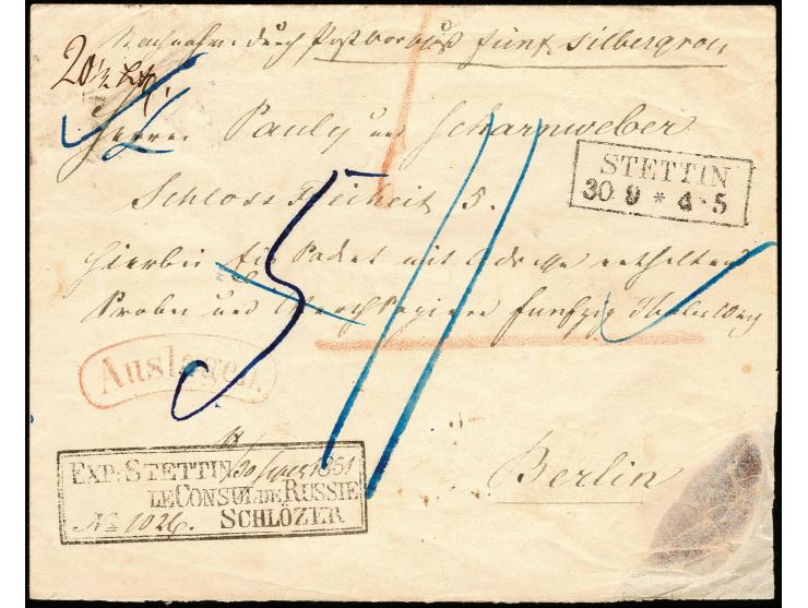 1851, "EXP:STETTIN...1851/LE CONSUL DE RUSSIE/No...SCHLÖZER", Ra3 klar in schwarz auf Nachnahme-Brief aus St. Petersburg mit 