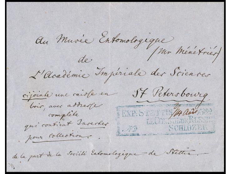 1852, "EXP:STETTIN...1852/LE CONSUL DE RUSSIE/No...SCHLÖZER", Ra3 klar in blau auf Boten-Briefhülle aus Stettin (rückeitig mi