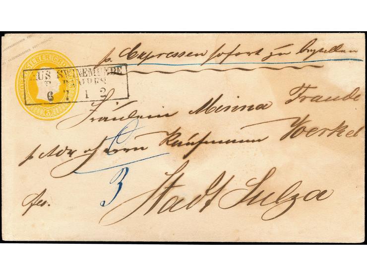 1861, "AUS SWINEMÜNDE P. DAMPFS. 6.7.", Ra2 klar als Entwerter auf Preußen Ganzsachen-Umschlag 3 Sgr. mit handschriftlichem V