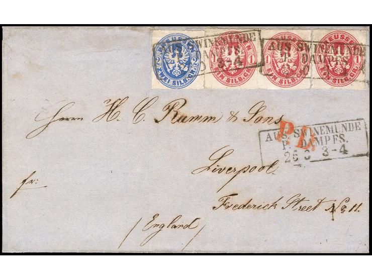 1867, "AUS SWINEMÜNDE P. DAMPFS. 25.10.", mehrfach klar auf Faltbriefhülle mit Preußen 2 Sgr. blau und drei Einzelwerte 1 Sgr