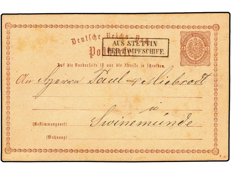 1875 (ca.), "AUS STETTIN PER DAMPFSCHIFF", Ra2 klar auf Ganzsachenkarte 1 Gr. mit viel Text nach Swinemünde ohne weitere Verm