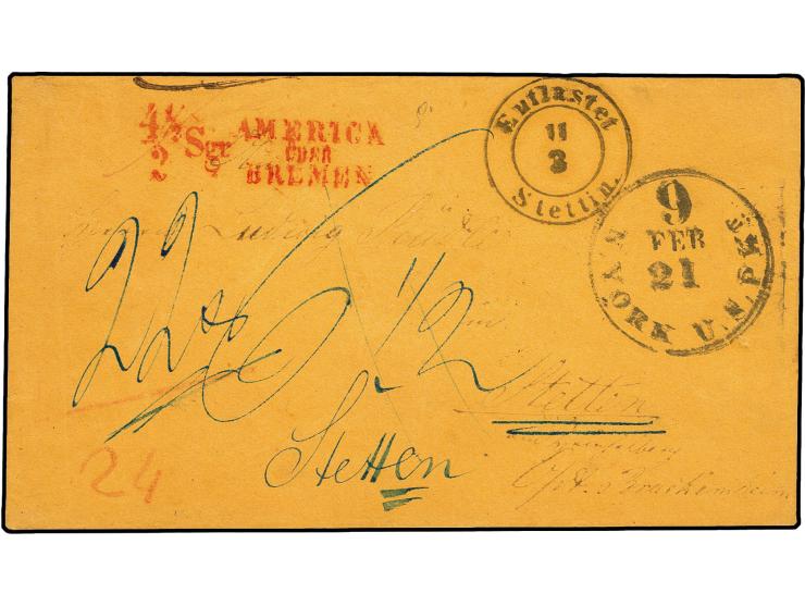 1857, "4 1/2 / 2 Sgr. AMERICA ÜBER BREMEN", roter L2 klar auf Brief von "N.YORK U.S.PKT. 21 9.FEB." mit Fehlleitung nach Stet