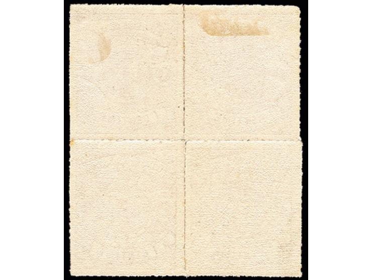 1865, colourless rouletted 1 c. brown, block of 4, unused with original gum, the lower pair unmounted mint, very fine and fre
