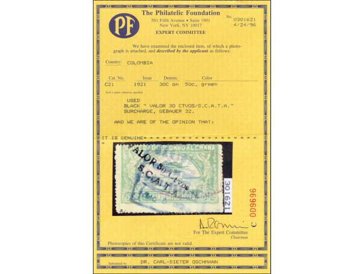 Girardot Provisional: October 1921, "VALOR 30 Ctvos / S.C.A.T.A." surcharge in black on 50 c. pale green, used with red oval 