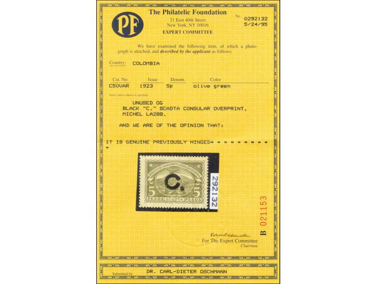 Handstamps on 1923 issue: Cuba, 1-5p., 5p., unused with full original gum, 2 and 3. with minor imperfections, scarce, certifi