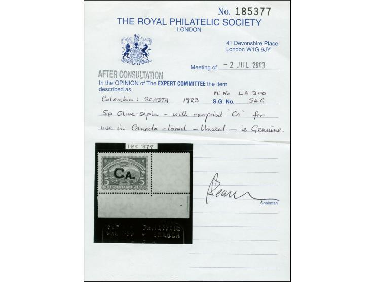 Handstamps on 1923 issue: Canada, 3-5p., 5p. from the lower right sheet corner, unused with some adherence, slightly toned, 5
