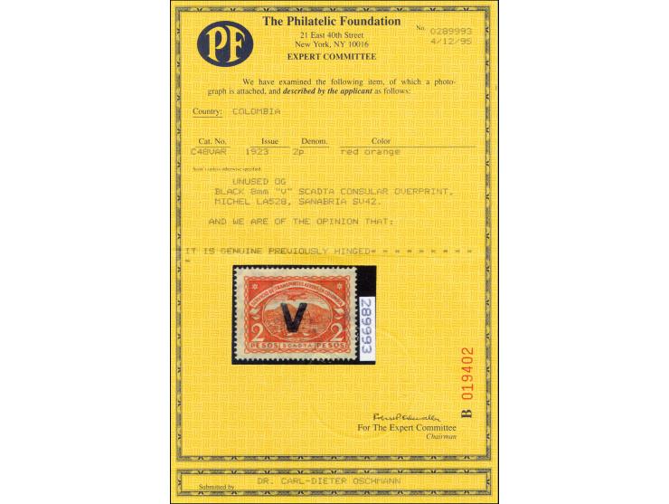 Handstamps on 1923 issue: Venezuela, 1-5p., unused with original gum and, fine, signed, certificate PF (1995)