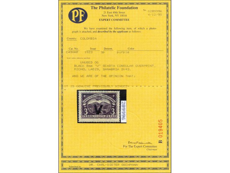 Handstamps on 1923 issue: Venezuela, 1-5p., unused with original gum and, fine, signed, certificate PF (1995)