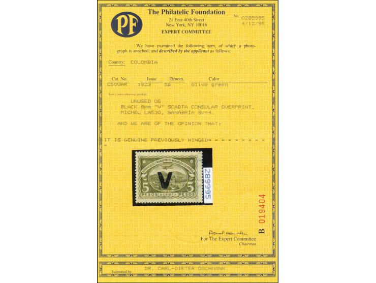 Handstamps on 1923 issue: Venezuela, 1-5p., unused with original gum and, fine, signed, certificate PF (1995)