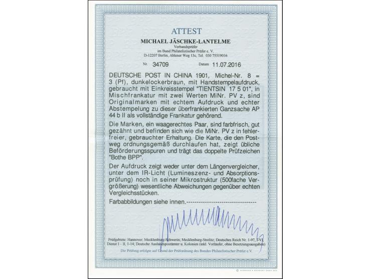 3 Pfg. im waagerechten Paar und zwei Einzelwerte Germania Reichspost 2 Pfg. je mit Stempel "TIENTSIN *a 17.5.01" auf Ganzsach