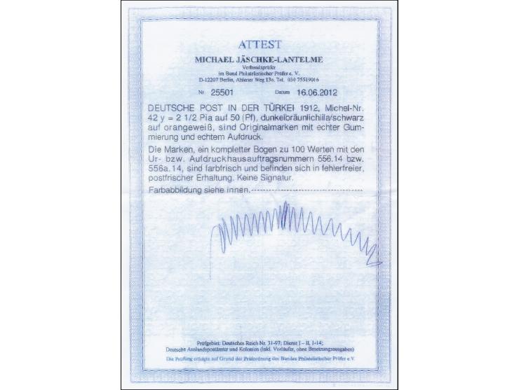 1905/13, 2 ½ Piaster auf 50 Pfg. auf orangeweiß im Viererblock aus der linken unteren Bogenecke, postfrisch, Kopie Fotoattest