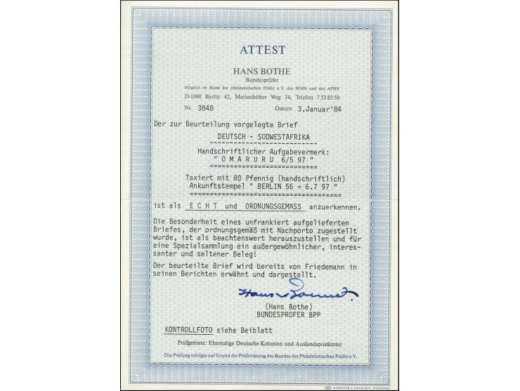 "Omaruru 6.5.97", handschriftlicher Aufgabevermerk auf unfrankiertem Brief mit Tax-Stempel "T." und handschriftlicher Taxe "8
