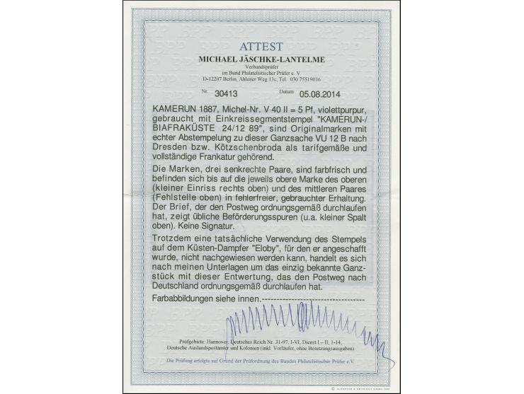 5 Pfg. violettpurpur, drei senkrechte Paare als portogerechte Zufrankatur auf Ganzsachenumschlag 10 Pfg. im Großformat mit me