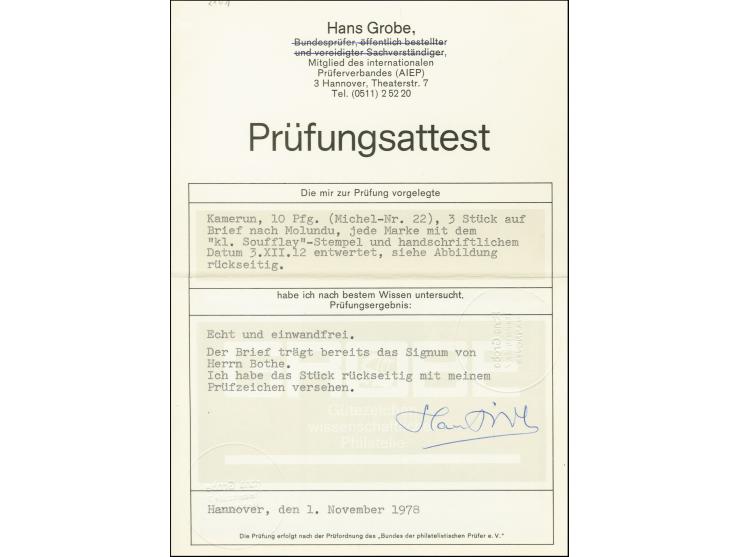 "Soufflay", kleiner Gummistempel in schwarz mit handschriftlichem Datum "3.XII.12." auf  drei Einzelwerten Kaiseryacht 10 Pfg
