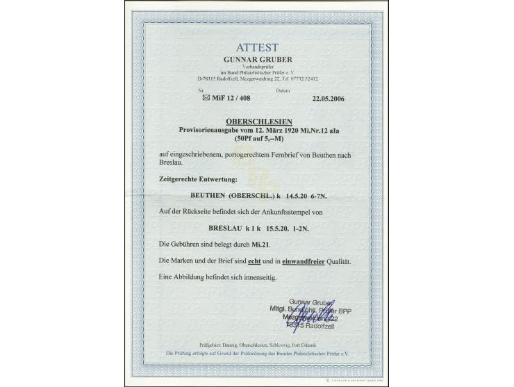 50 Pf. auf 5 M. mit Zufrankatur mit Stempel "BEUTHEN 14.5.20" auf portogerechtem R-Brief nach Breslau, tadellos, Fotoattest G
