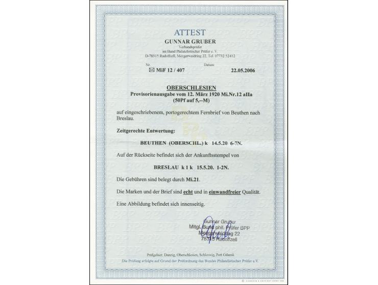 50 Pf. auf 5 M. mit Zufrankatur mit Stempel "BEUTHEN 14.5.20" auf portogerechtem R-Brief nach Breslau, tadellos, Fotoattest G