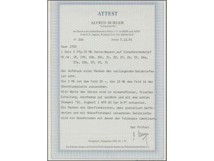 1920, Ludwig 5 Pfg.-10 M. kpl. mit Stempel "ST. INGBERT 1 APR 20" auf R-Brief nach Ludwigshafen, gute Erhaltung, Fotoattest B
