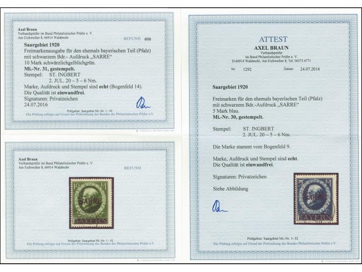 5 M. und 10 M. mit Stempel von St. Ingbert, Pracht, Fotoattest bzw. Befund Braun BPP