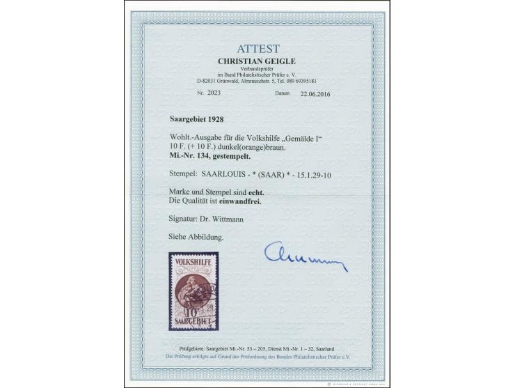 Volkshilfe 10 Fr., gestempelt "SAARLOUIS 15.1.29", tadellos, sign. Dr. Wittmann, Fotoattest Geigle BPP (Mi. 5.000,-)