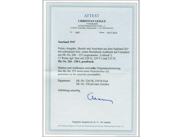 1947, Urdruck kpl., postfrisch, 5 Fr. Papierknitter, sonst einwandfrei, private Signaturen und Fotoattest Geigle BPP