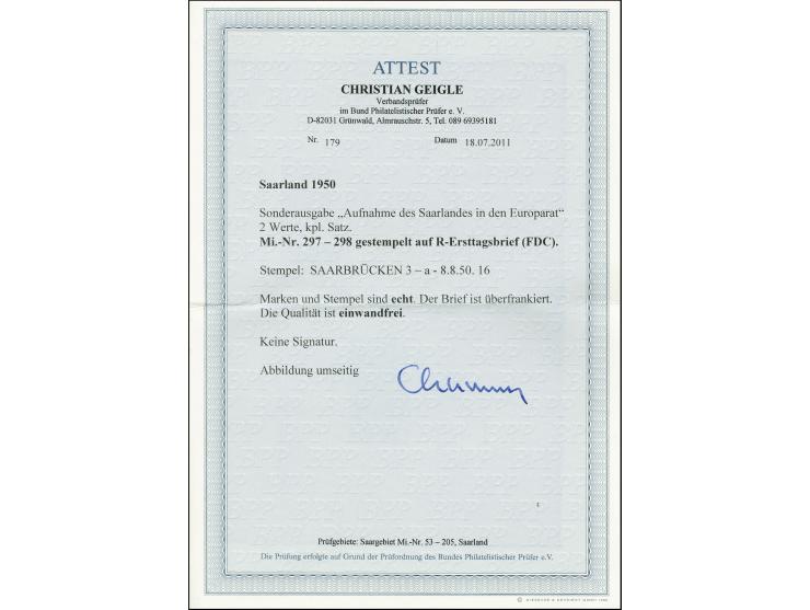 1950, Europarat 25-200 Fr. mit klarem Erstagsstempel "SAARBRÜCKEN 8.8.50" auf überfrankiertem Ersttags-R-Brief, tadellos, Fot