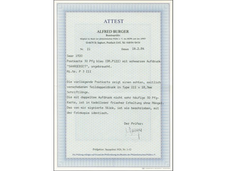 1920, Ganzsachenkarte 30 Pfg. mit doppeltem Aufdruck "SAARGEBIET" in Type III, ungebraucht, Pracht, Fotoattest Burger BPP
