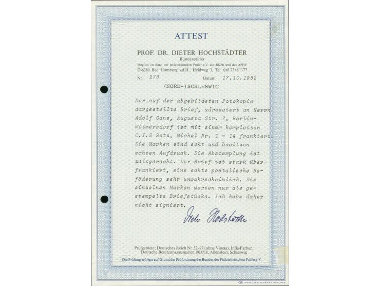2½ Pfg.-10 M.kpl. mit Stempel "FLENSBURG 10.2.20" auf adressiertem Umschlag der Commission; 10 M. unauffällige kleine Schürfu