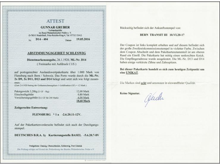 1920, CIS 10 M., 5 M., 3 Stück 1 M. und 2 Stück 40 Pfg. mit Stempel "FLENSBURG 1a 2.6.20" vorder- und rückseitig auf kpl. Wer