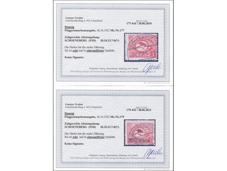 Flugpost 250000 M.- 5 Mio. kpl. zeitgerecht gestempelt, 5 Mio. auf Briefstück, 2 Werte sign. Oechsner bzw. Soecknick/Infla, 2