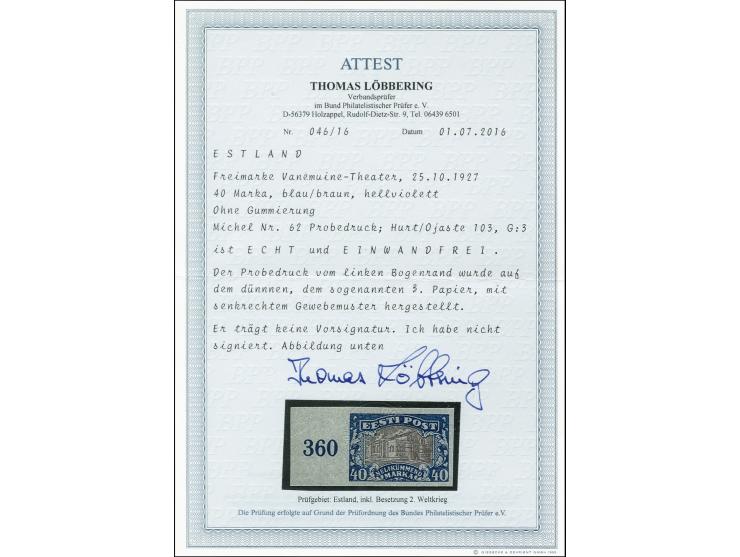 1927, Dorpat theatre 40 m. blue/black as imperforated proof with left sheet margin, unused without gum, fine, certificate Löb