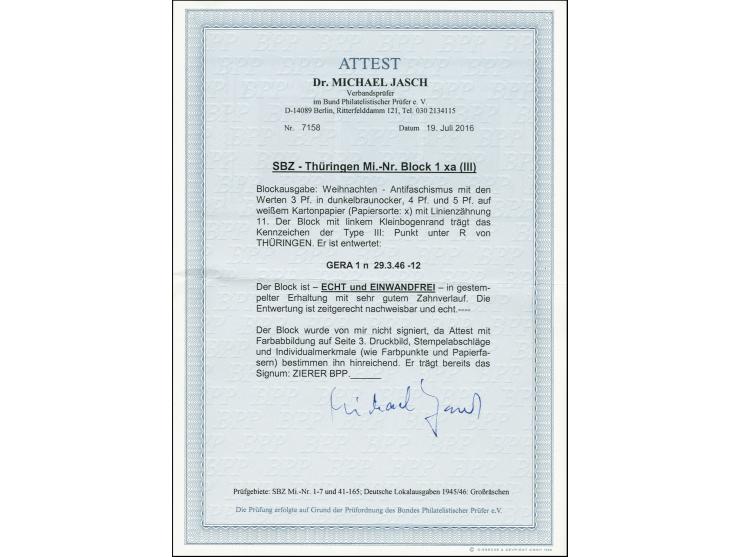 Antifa-Block auf weißem Papier, Type III, mit zentrischem Stempel "GERA 29.3.46", tadellos, sign. Zierer BPP, Fotoattest Dr. 