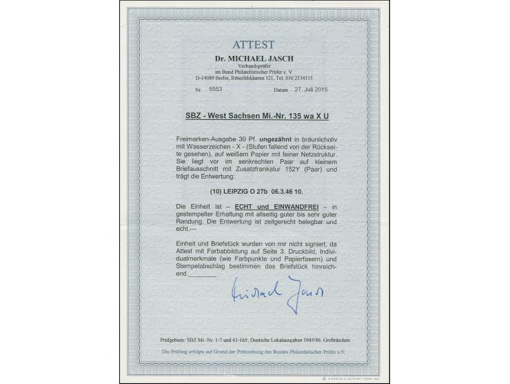 1945, Ziffern 30 Pfg. Wasserzeichen fallende Stufen, im breitandig ungezähnten, senkrechten Paar mit Zufrankatur mit Stempel 