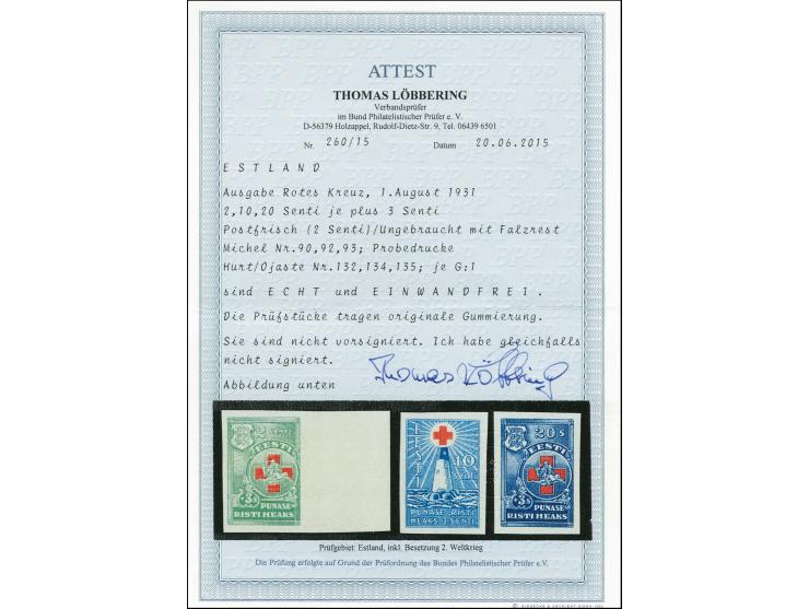 1931, Red Cross 2 and 10-20 s. imperforated proofs, 2s. mint never hinged, the others unused, very fine, certificate Löbberin