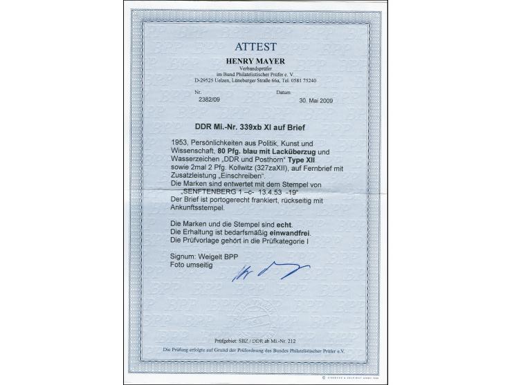 1953, Persönlichkeiten 80 Pfg. Lack mit Zufrankatur mit Stempel "SENFTENBERG 13.4.53" auf portogerechtem R-Brief nach Bremerh