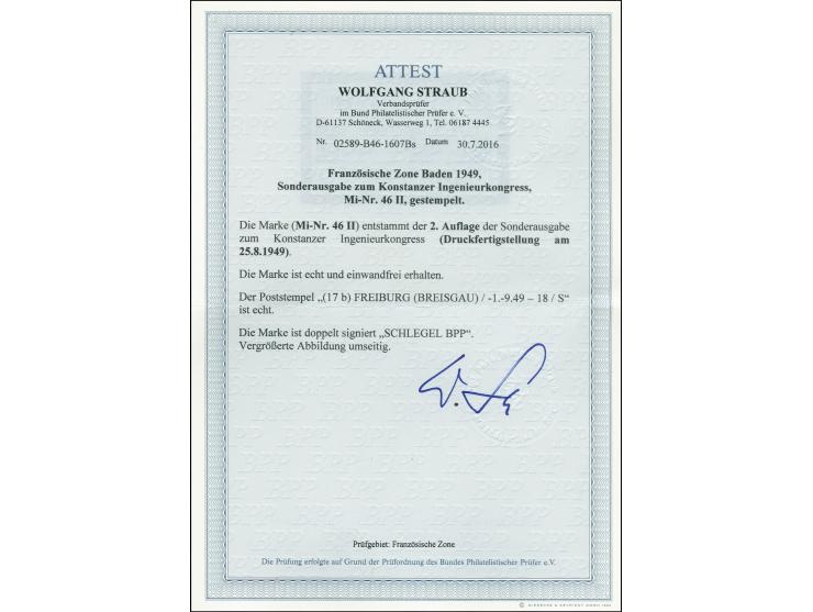 Ingenieur-Kongress 30 Pfg., Type II, gestempelt "FREIBURG 1.9.49", tadellos, doppelt signiert Schlegel BPP, Fotoattest Straub