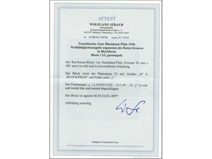 Rotes Kreuz-Block, Type I/I, zentrisch gestempelt "LANDSTUHL 19.3.49", tadellos, signiert Schlegel BPP, Fotoattest Straub BPP