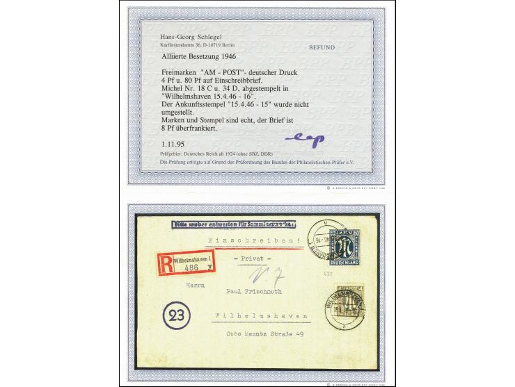 80 Pfg. mit Zähnung D und 4 Pfg. je mit Stempel "WILHELMSHAVEN 15.4.46" auf überfrankiertem R-Ortsbrief mit Ankunftsstempel, 