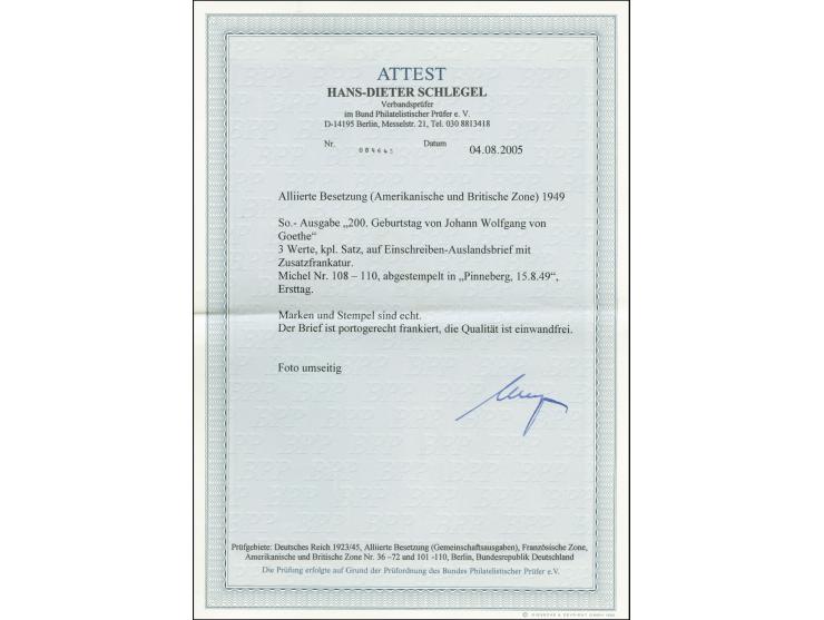 1949, 200. Geburtstag Goethe 10-30 Pfg. mit Zufrankatur mit Stempel "PINNEBERG 15.8.49" auf portogerechtem Ersttags-Einschrei