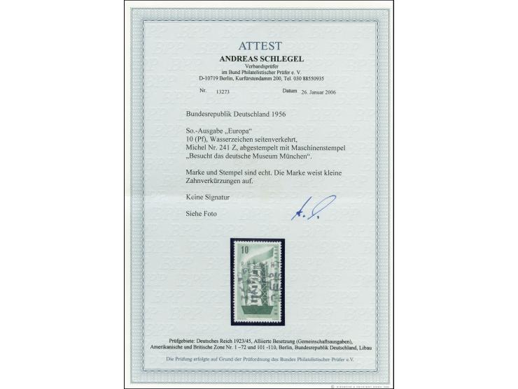 1956,  Europa 10 Pfg. mit seitenverkehrtem Wasserzeichen, sauber mit Maschinenstempel entwertet, kleine Zahnverkürzungen, son