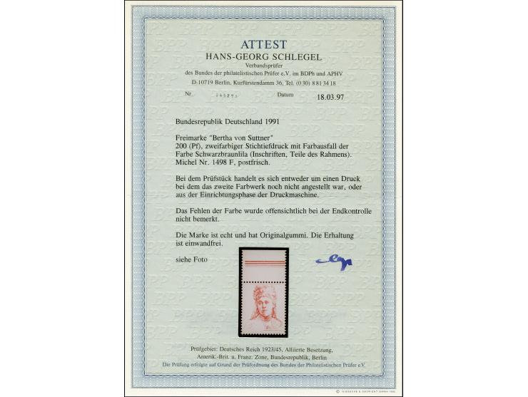 1991, Berühmte Frauen 200 Pfg. Oberrandstück mit fehlender Farbe schwarzbraunlila, postfrisch, tadellos, Fotoattest Schlegel 