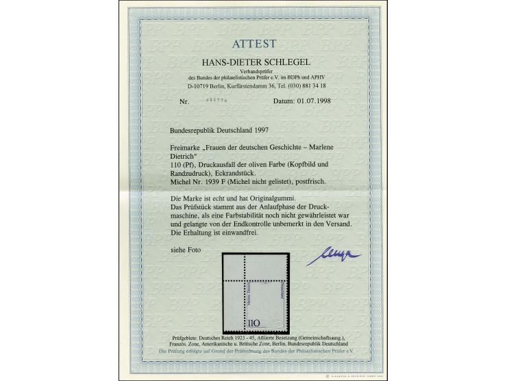 1997, Berühmte Frauen 110 Pfg. aus der linken oberen Bogenecke mit fehlender Farbe graubraun, postfrisch, tadellos, Fotoattes